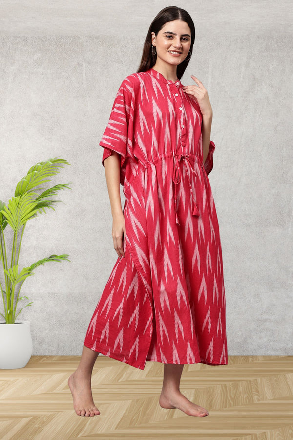 Red Ikkat Paradise Cotton Maxi Kaftan - SAFEERA