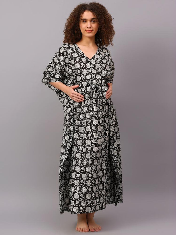 Indulge in stylish comfort with our maternity kaftan dress, crafted from breathable cotton fabric for ultimate ease. Designed with a convenient zip closure, it's the perfect blend of fashion and functionality for easy nursing moments.