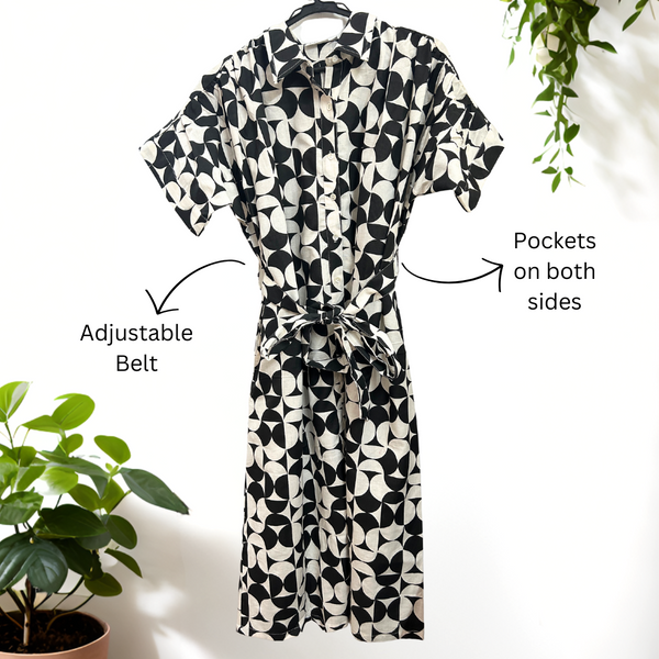 Black& White Geometric Oversized Shirt Dress (With Belt)