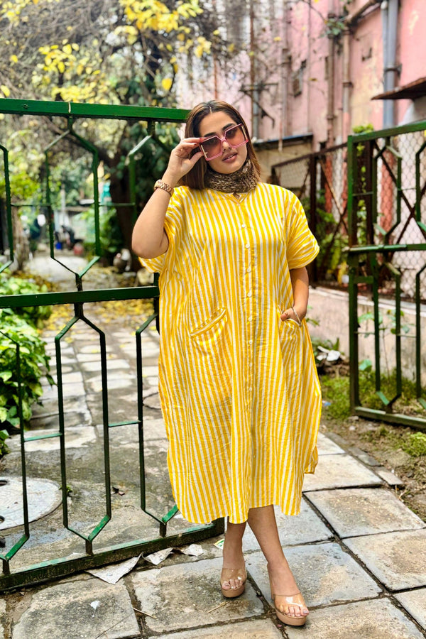 Yellow Stripe Cotton Kaftan Shirt Dress - SAFEERA