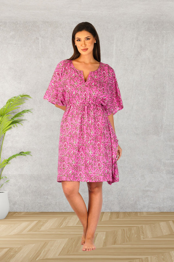 Pink Lily Floral Mini Cotton Kaftan - SAFEERA