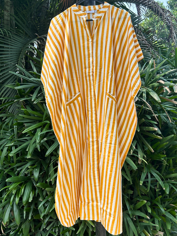 Mustard Yellow Stripe Cotton Kaftan Shirt Dress