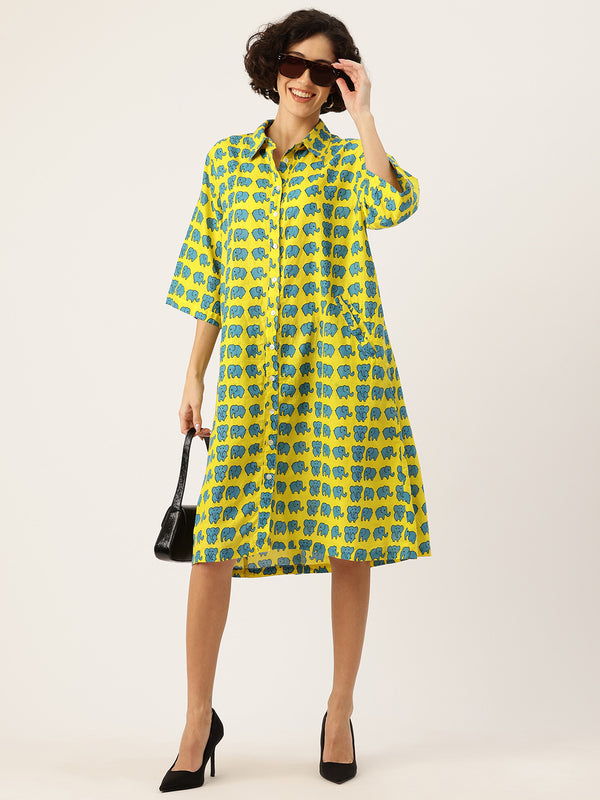 Trunky Twirls Cotton A-Line Shirt Dress