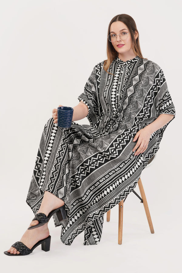 Abstract Affair Black Cotton Shirt Kaftan