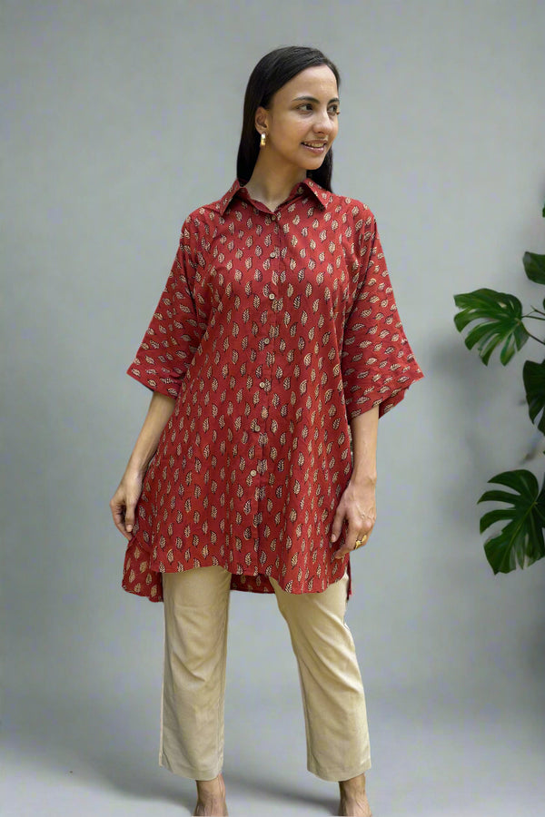 Leafy Elegance Cotton Long Shirt