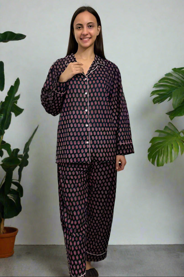 Black Handblock Printed Cotton Night Suit