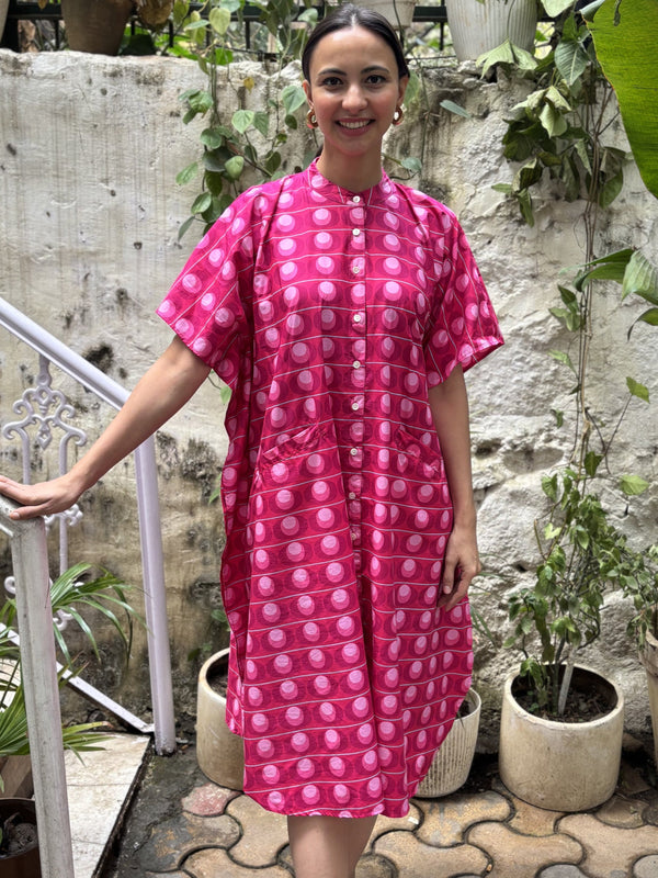 Pink Bubble Print Cotton Kaftan Shirt Dress