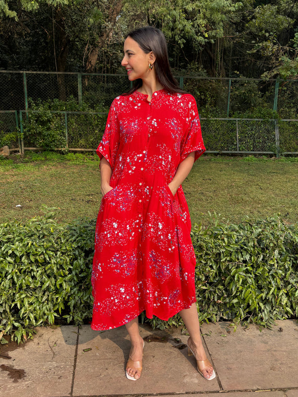 Red Bloom Kaftan Shirt Dress