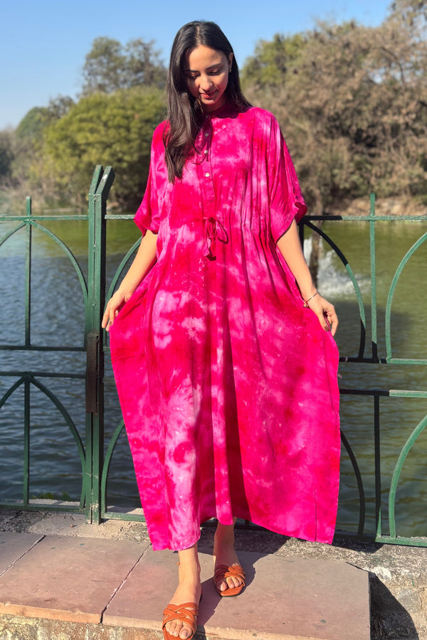 Hot Pink Shibori Cotton Shirt Kaftan