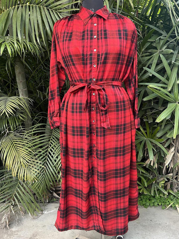 Winter Red Check Oversized belted Shirt Dress