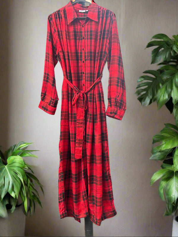 Winter Red Check Oversized belted Shirt Dress