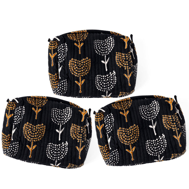 Dotted Motifs on Black Hand Block Printed Quilted Vanity Bag - SAFEERA